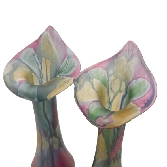 Rueven Glass Calla Lily Bud Vases Pair Hand Painted Art Glass Multi Color Canada - Picture 4 of 8